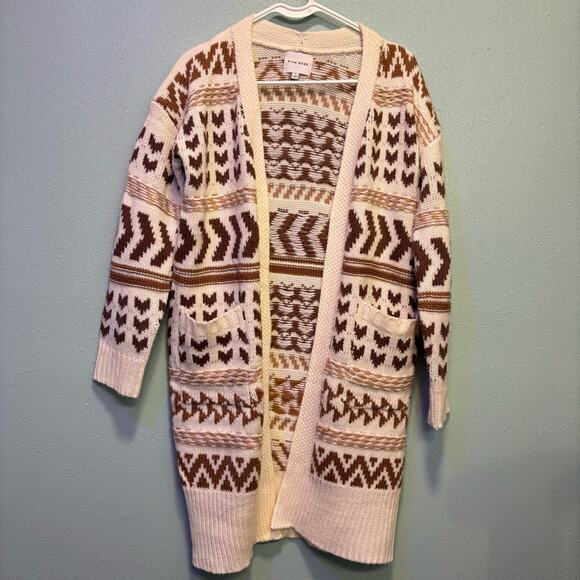 Pink Rose Sweaters - Pink Rose Women's Beige and Brown Geometric Patterned Long Cardigan Size S